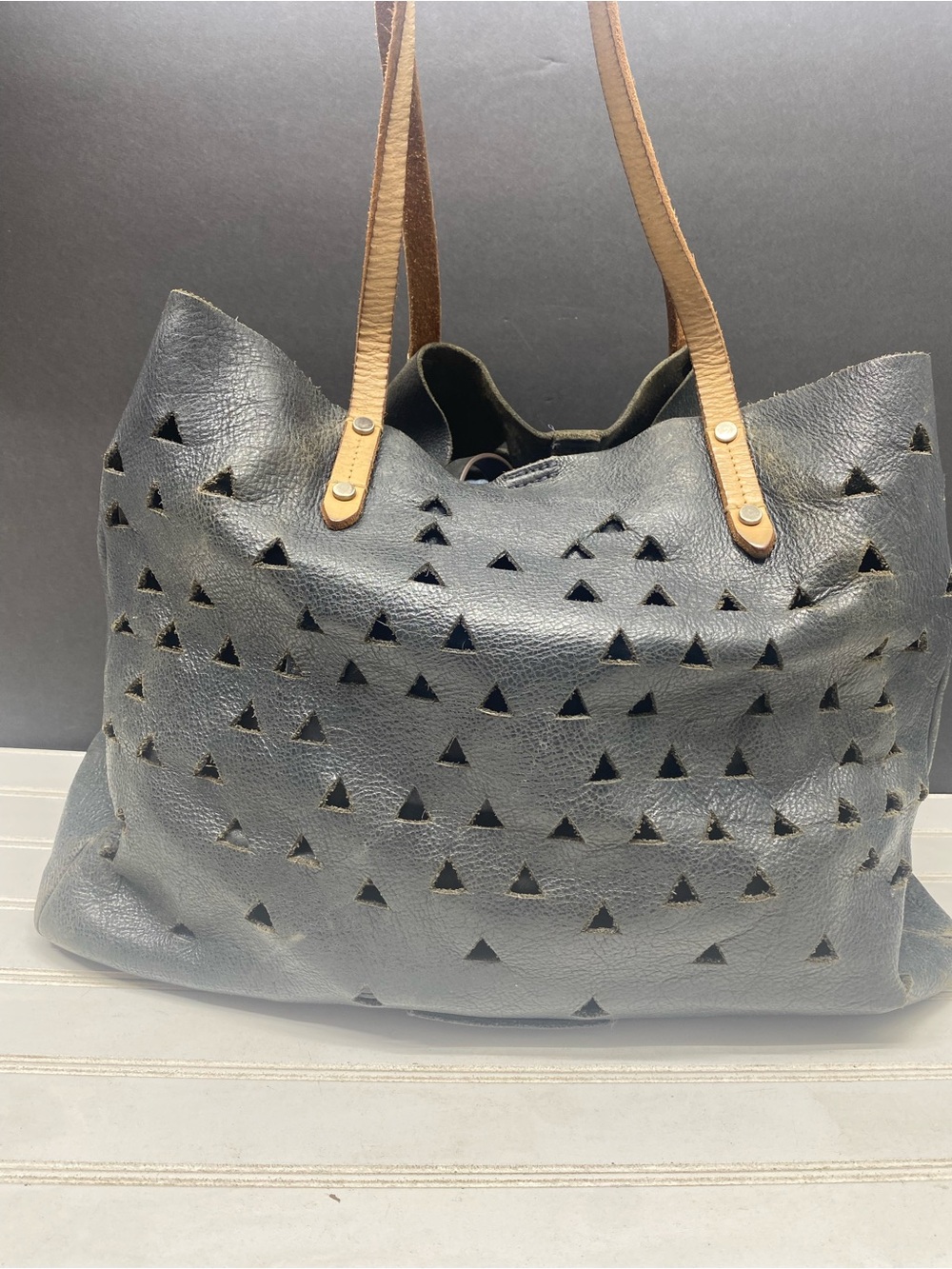 Anthropologie Elk Blue Leather Punched Tote Purse